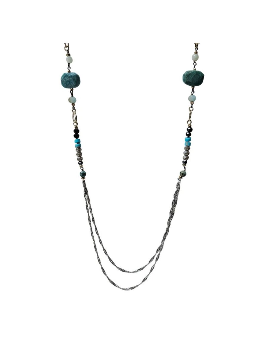 Nakamol Necklace Teal Green Beaded Layered Chains Mixed Metal Boho Lagenlook